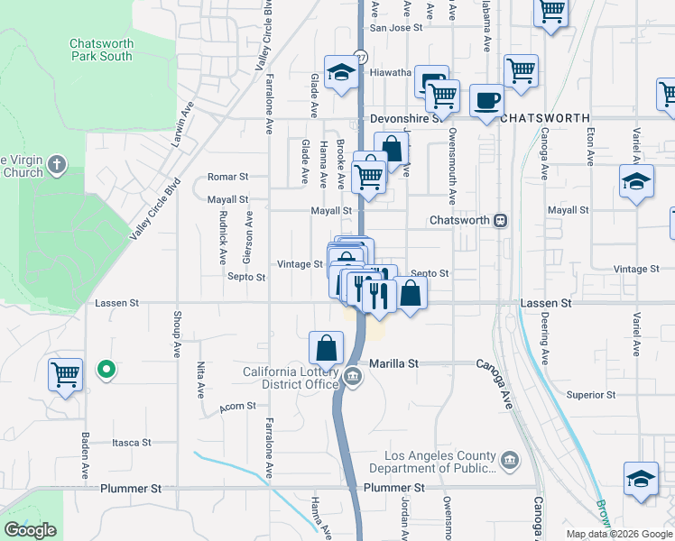 map of restaurants, bars, coffee shops, grocery stores, and more near 9942 Hanna Avenue in Los Angeles
