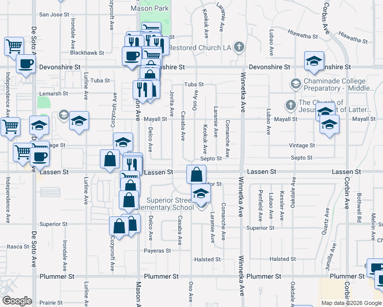 map of restaurants, bars, coffee shops, grocery stores, and more near 9943 Oso Avenue in Los Angeles