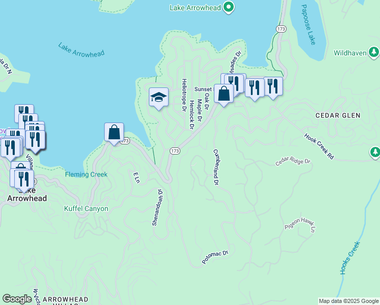 map of restaurants, bars, coffee shops, grocery stores, and more near 125 Fremont Road in Lake Arrowhead