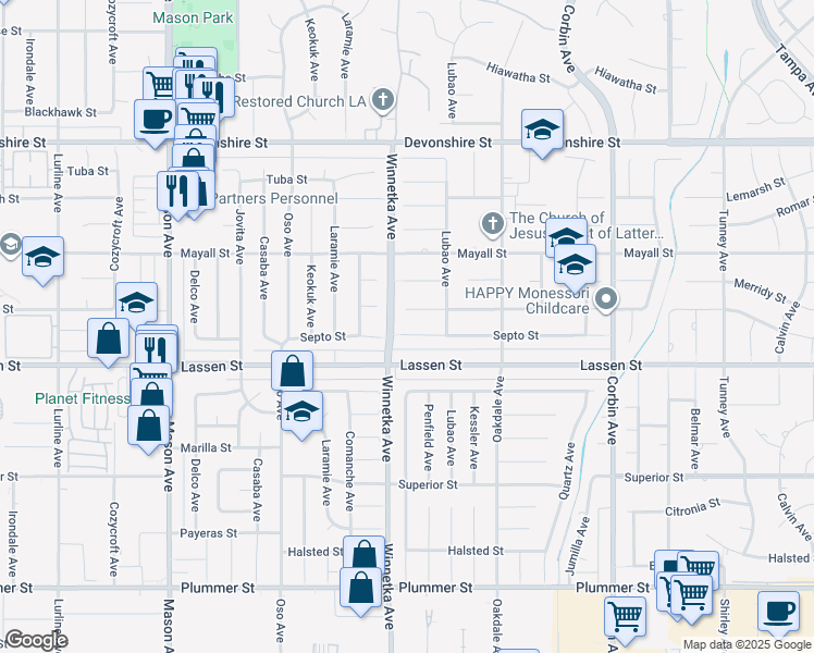 map of restaurants, bars, coffee shops, grocery stores, and more near 20041 Septo Street in Los Angeles