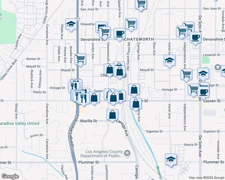 map of restaurants, bars, coffee shops, grocery stores, and more near 9946 Owensmouth Avenue in Los Angeles