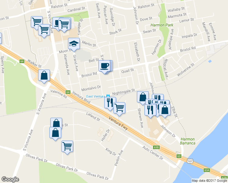 map of restaurants, bars, coffee shops, grocery stores, and more near 6393 Nightingale St in Ventura