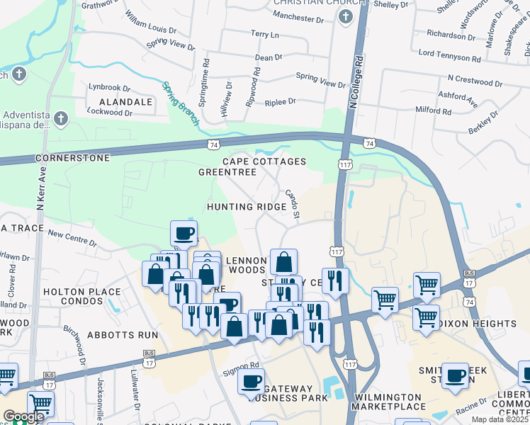 map of restaurants, bars, coffee shops, grocery stores, and more near 5000 Hunters Trail in Wilmington