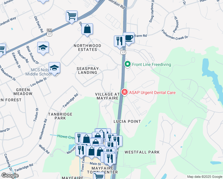 map of restaurants, bars, coffee shops, grocery stores, and more near 555 Grande Manor Court in Wilmington