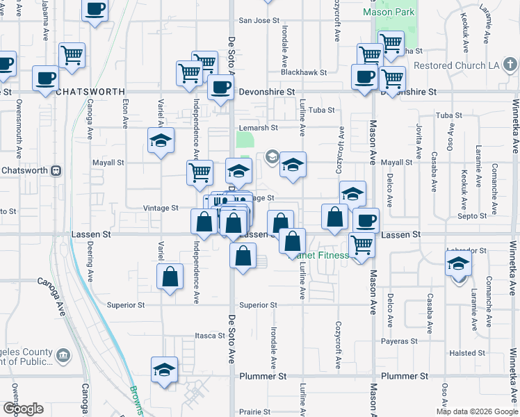 map of restaurants, bars, coffee shops, grocery stores, and more near 20800 Vintage Street in Los Angeles