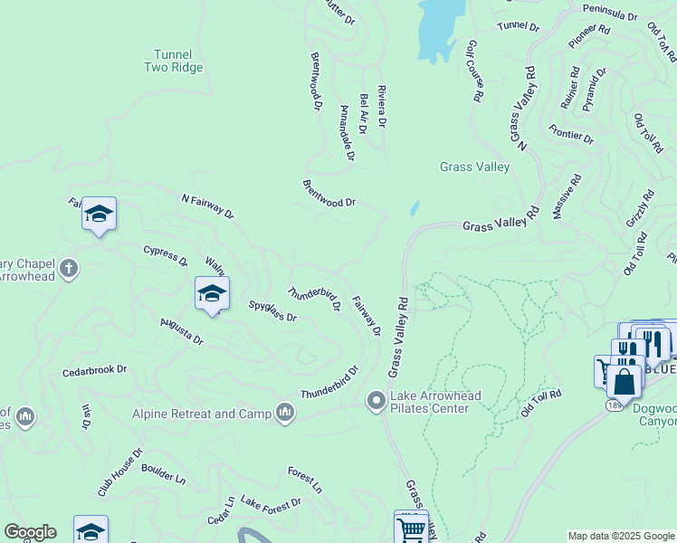 map of restaurants, bars, coffee shops, grocery stores, and more near 2 Brentwood Drive in Lake Arrowhead