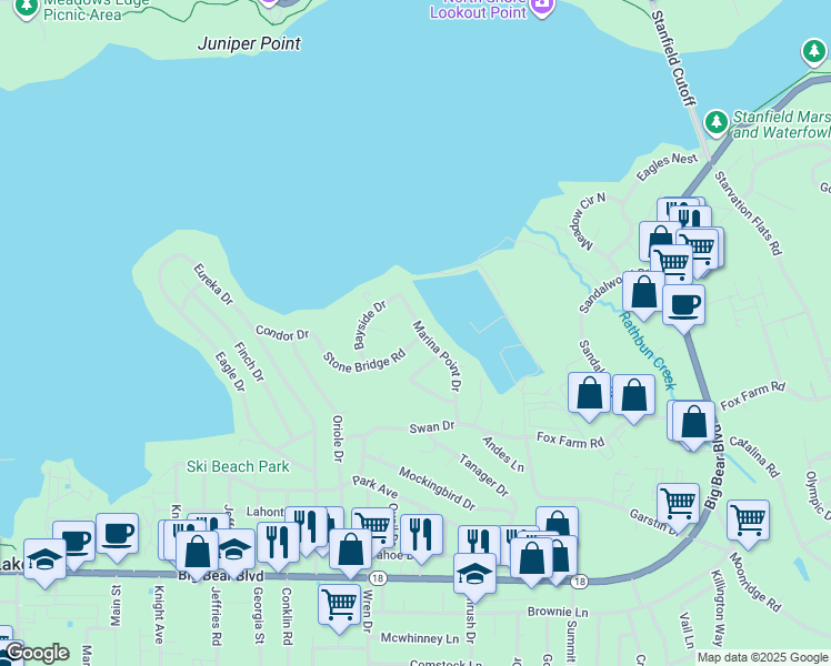map of restaurants, bars, coffee shops, grocery stores, and more near 41598 Stone Bridge Road in Big Bear Lake