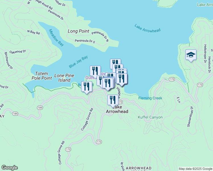 map of restaurants, bars, coffee shops, grocery stores, and more near 28200 California 189 in Lake Arrowhead