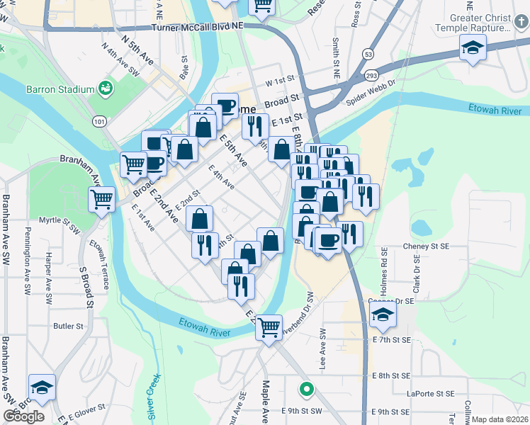map of restaurants, bars, coffee shops, grocery stores, and more near 320 East 4th Street in Rome