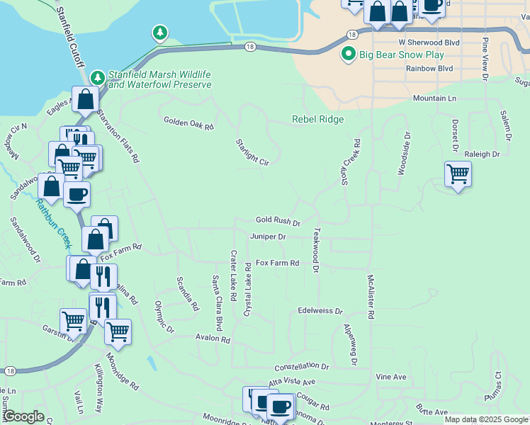 map of restaurants, bars, coffee shops, grocery stores, and more near 42600 Gold Rush Drive in Big Bear