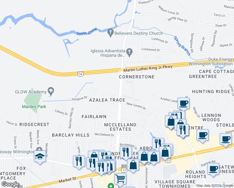 map of restaurants, bars, coffee shops, grocery stores, and more near 4319 Crimson Court in Wilmington