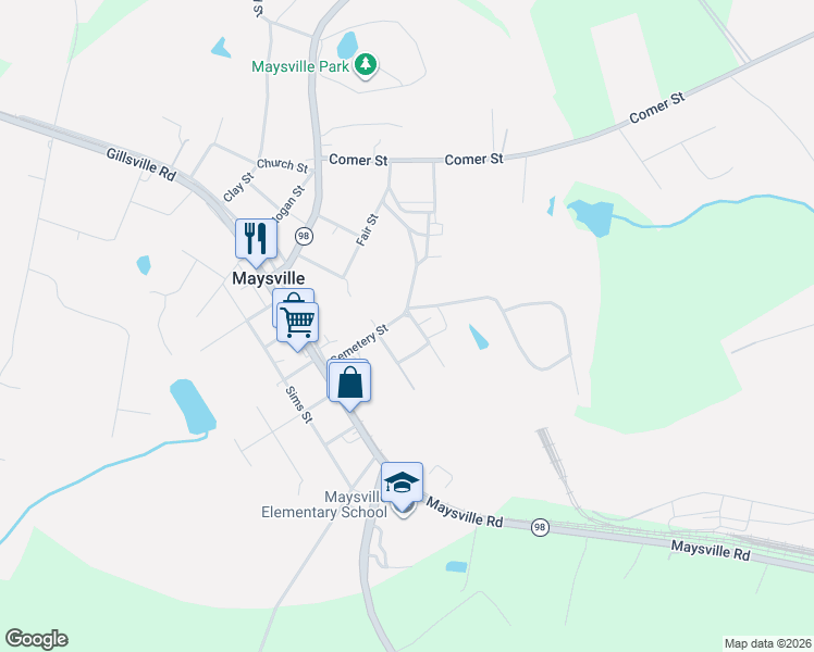 map of restaurants, bars, coffee shops, grocery stores, and more near 32 Banks Street in Maysville