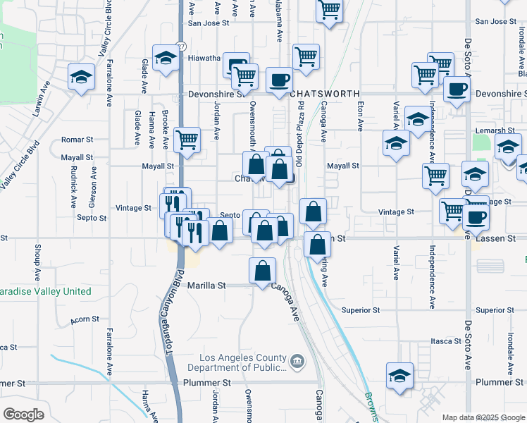 map of restaurants, bars, coffee shops, grocery stores, and more near 9946 Owensmouth Avenue in Los Angeles