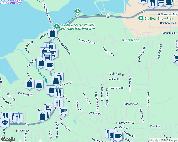 map of restaurants, bars, coffee shops, grocery stores, and more near 42450 Juniper Drive in Big Bear Lake
