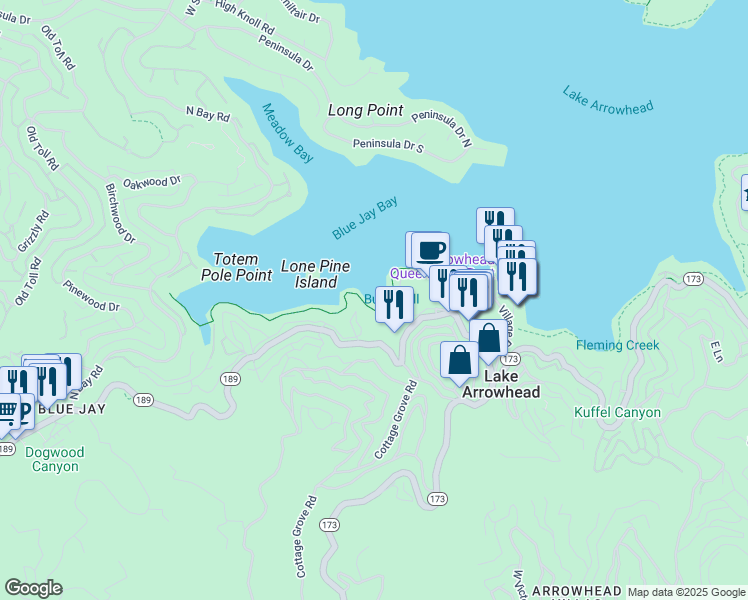 map of restaurants, bars, coffee shops, grocery stores, and more near in Lake Arrowhead