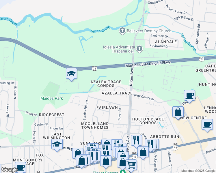 map of restaurants, bars, coffee shops, grocery stores, and more near 701 Indica Court in Wilmington