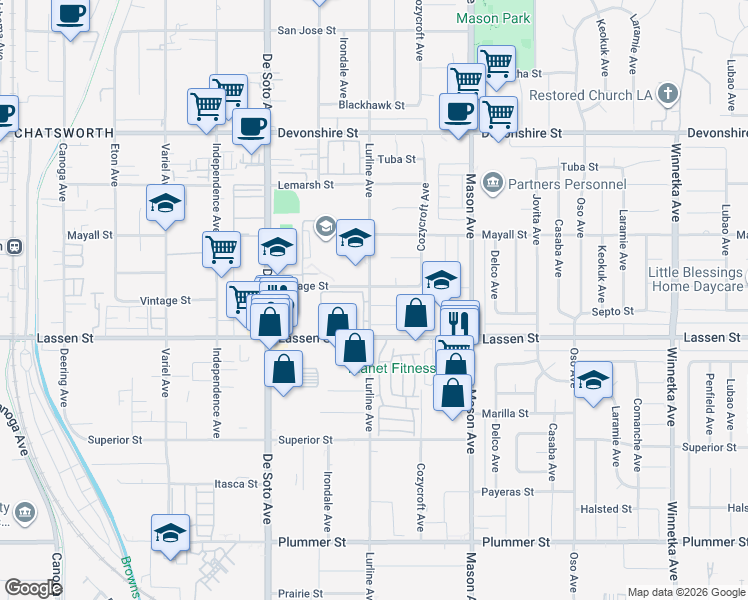 map of restaurants, bars, coffee shops, grocery stores, and more near 20657 Septo Street in Los Angeles