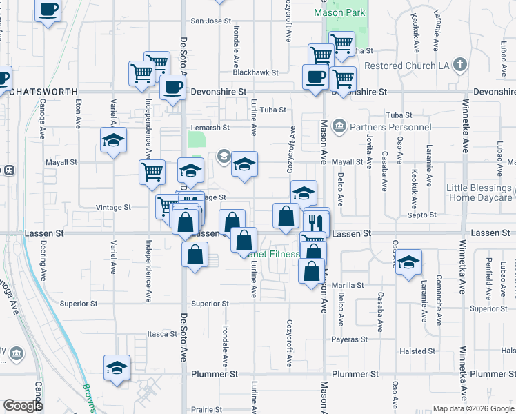map of restaurants, bars, coffee shops, grocery stores, and more near 20657 Septo Street in Los Angeles