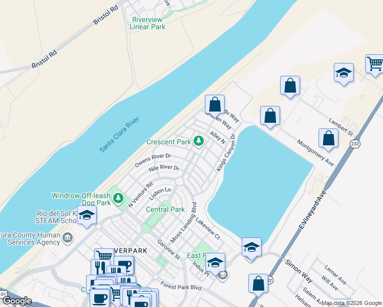map of restaurants, bars, coffee shops, grocery stores, and more near 3459 North Oxnard Boulevard in Oxnard