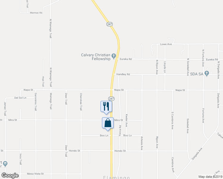 map of restaurants, bars, coffee shops, grocery stores, and more near 199 Old Woman Springs Road North in Yucca Valley