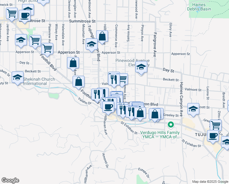 map of restaurants, bars, coffee shops, grocery stores, and more near 10026 Commerce Avenue in Los Angeles