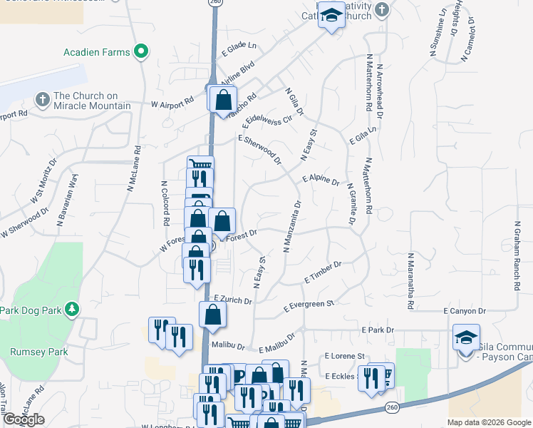 map of restaurants, bars, coffee shops, grocery stores, and more near 805 North Ponderosa Circle in Payson