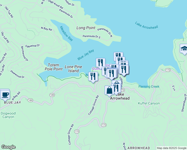 map of restaurants, bars, coffee shops, grocery stores, and more near 348 Lake Resort Road in Lake Arrowhead