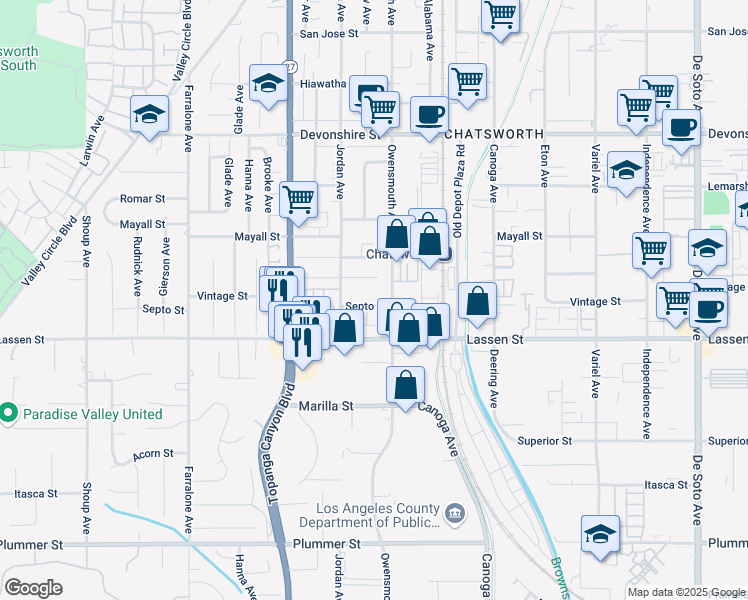 map of restaurants, bars, coffee shops, grocery stores, and more near 21721 Septo Street in Los Angeles