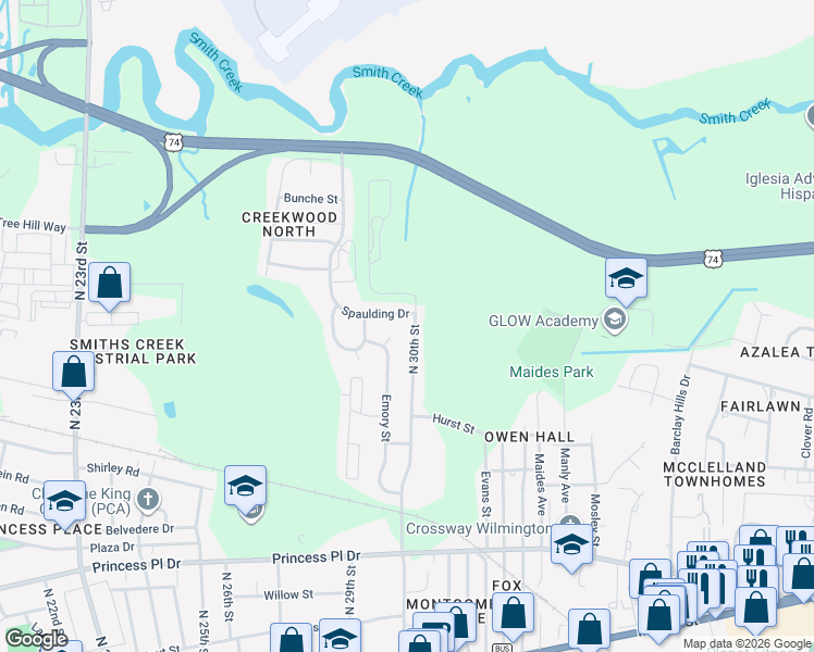 map of restaurants, bars, coffee shops, grocery stores, and more near 1107 North 30th Street in Wilmington