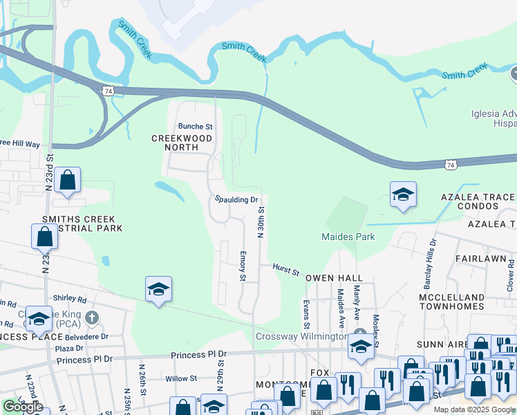 map of restaurants, bars, coffee shops, grocery stores, and more near 1111 North 30th Street in Wilmington