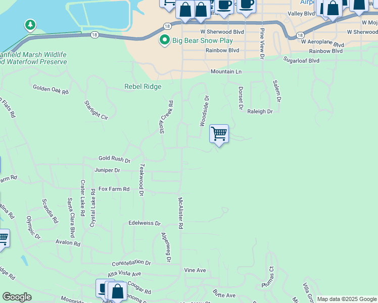 map of restaurants, bars, coffee shops, grocery stores, and more near 1126 Sugarpine Road in Big Bear