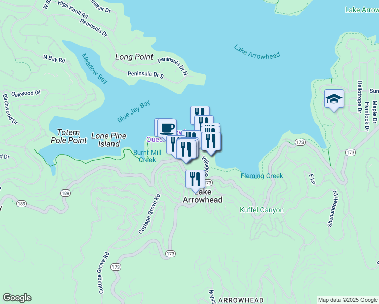 map of restaurants, bars, coffee shops, grocery stores, and more near 28050 California 189 in Lake Arrowhead