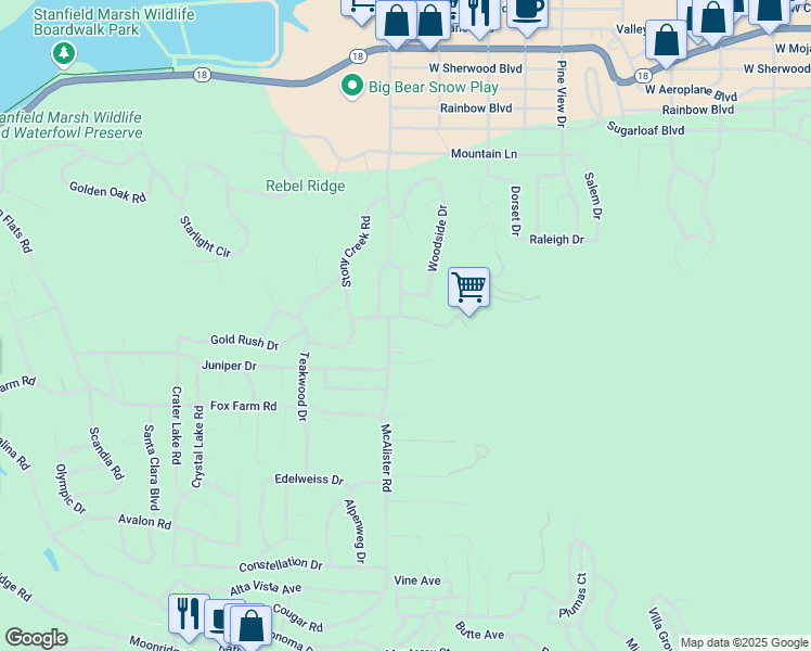 map of restaurants, bars, coffee shops, grocery stores, and more near 1126 Sugarpine Road in Big Bear