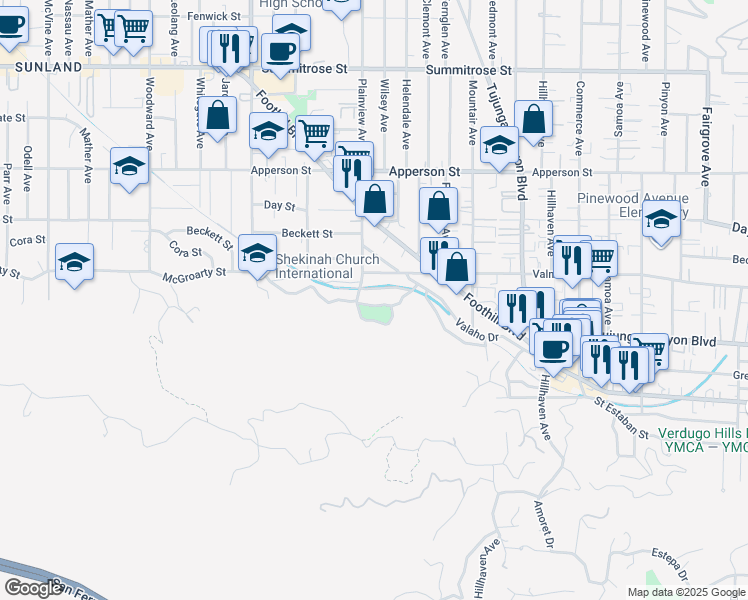 map of restaurants, bars, coffee shops, grocery stores, and more near 7565 McGroarty Street in Los Angeles