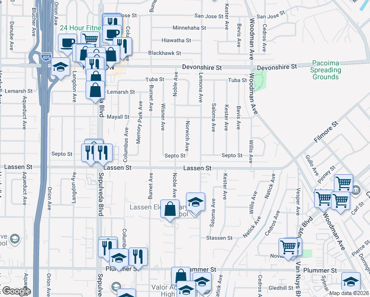 map of restaurants, bars, coffee shops, grocery stores, and more near 9934 Norwich Avenue in Los Angeles
