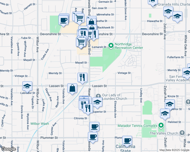 map of restaurants, bars, coffee shops, grocery stores, and more near 18451 Lassen Street in Los Angeles