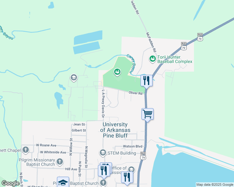 map of restaurants, bars, coffee shops, grocery stores, and more near 2002 Woodgate Drive in Pine Bluff