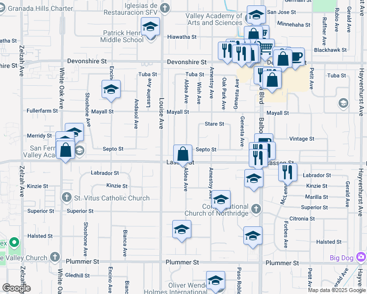 map of restaurants, bars, coffee shops, grocery stores, and more near 17225 Septo Street in Los Angeles