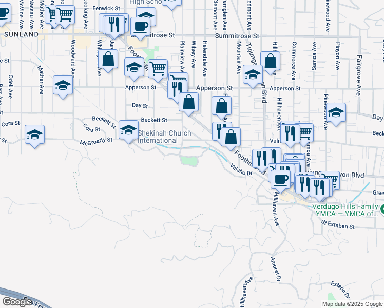 map of restaurants, bars, coffee shops, grocery stores, and more near 7553 McGroarty Street in Los Angeles