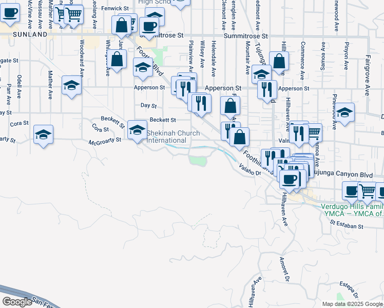 map of restaurants, bars, coffee shops, grocery stores, and more near 7565 McGroarty Street in Los Angeles