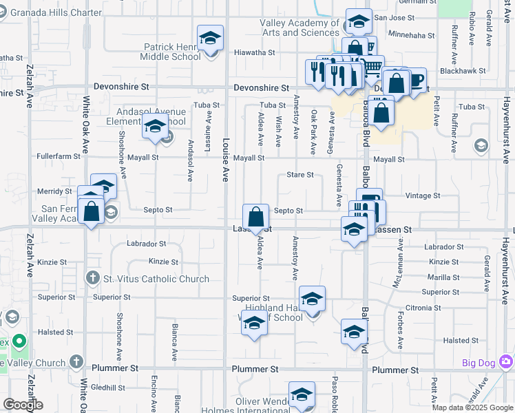 map of restaurants, bars, coffee shops, grocery stores, and more near 17225 Septo Street in Los Angeles