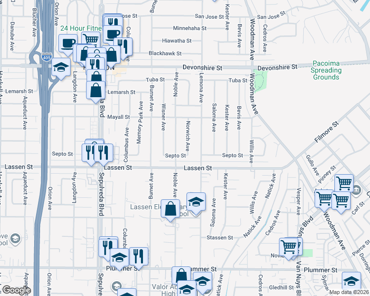map of restaurants, bars, coffee shops, grocery stores, and more near 9934 Norwich Avenue in Los Angeles