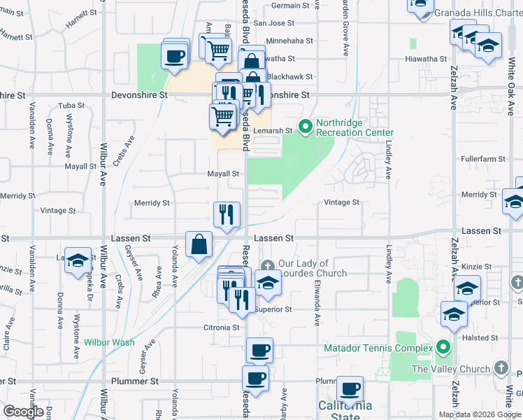 map of restaurants, bars, coffee shops, grocery stores, and more near 9950 Reseda Boulevard in Los Angeles