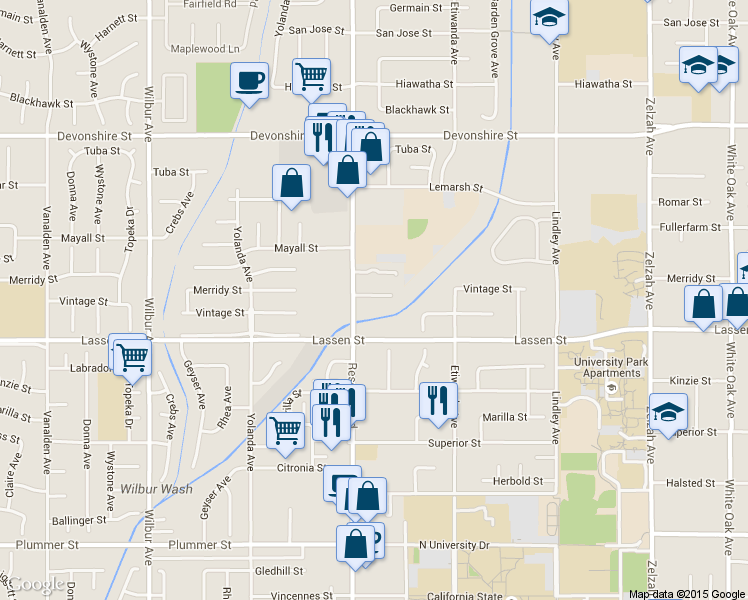 map of restaurants, bars, coffee shops, grocery stores, and more near 18451 Lassen Street in Los Angeles