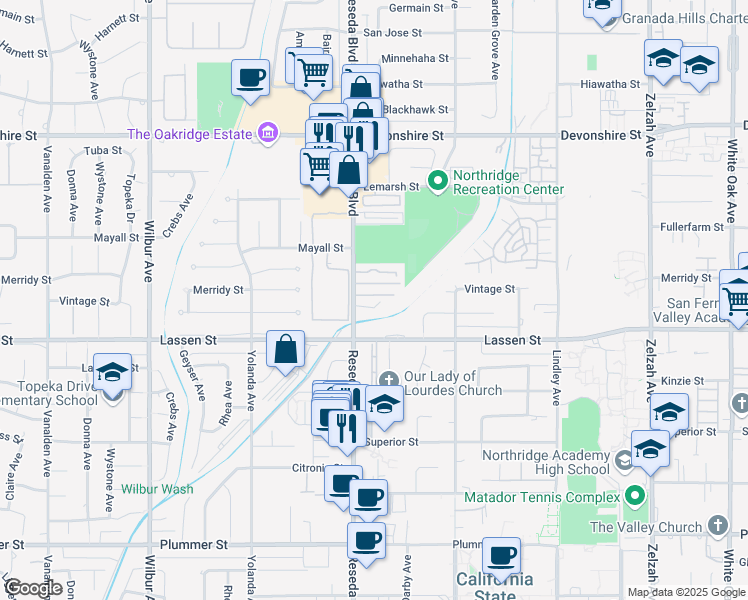 map of restaurants, bars, coffee shops, grocery stores, and more near 9936 Reseda Boulevard in Los Angeles