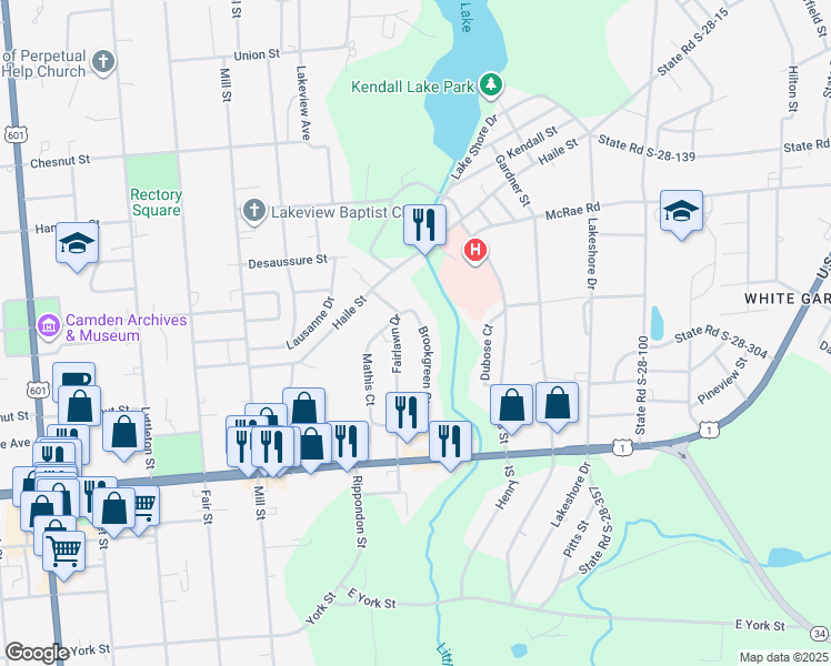 map of restaurants, bars, coffee shops, grocery stores, and more near 1137 Brookgreen Court in Camden