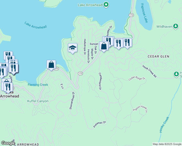 map of restaurants, bars, coffee shops, grocery stores, and more near 109 Fremont Road in Lake Arrowhead