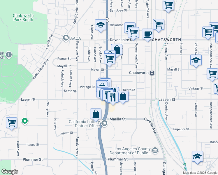 map of restaurants, bars, coffee shops, grocery stores, and more near 9939 California 27 in Los Angeles