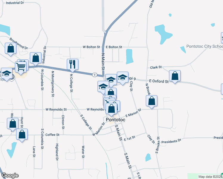map of restaurants, bars, coffee shops, grocery stores, and more near 132 North Main Street in Pontotoc
