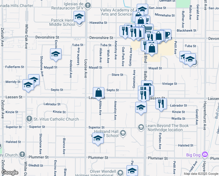 map of restaurants, bars, coffee shops, grocery stores, and more near 17171 Septo Street in Los Angeles